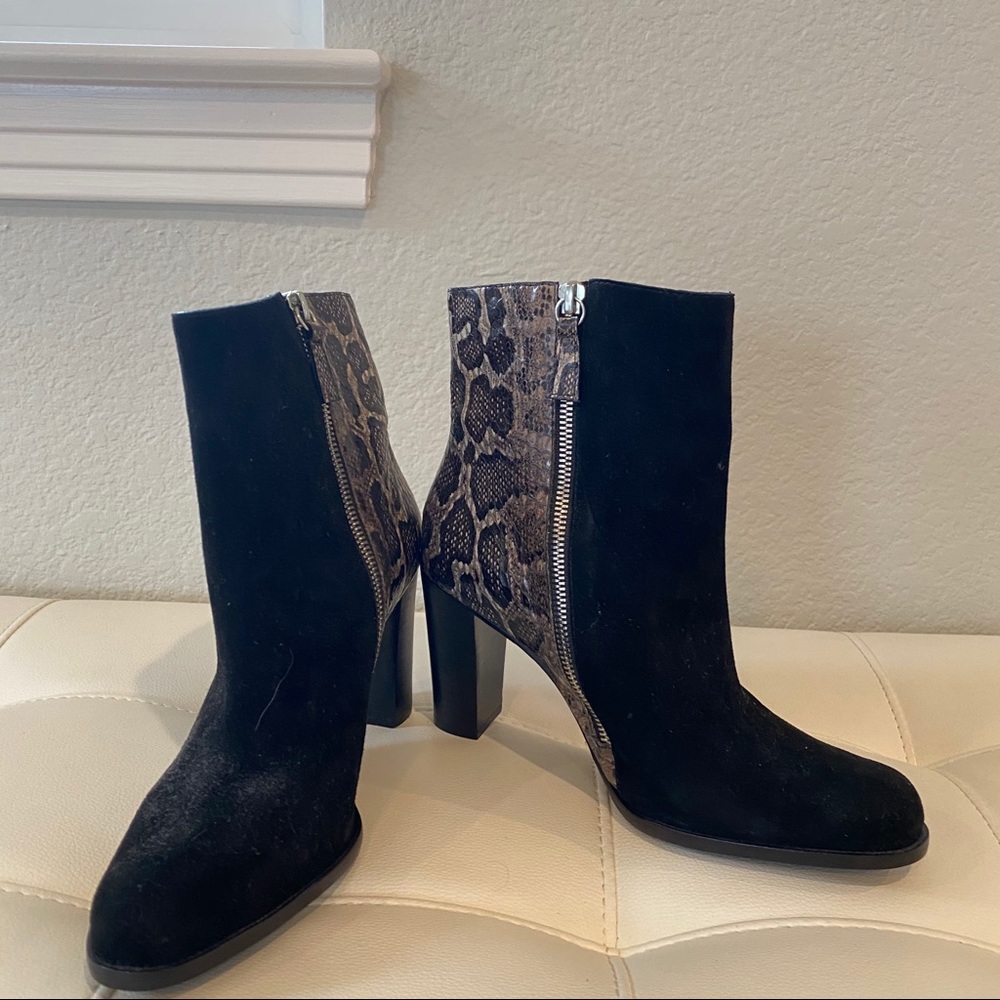 ELYSE WALKER Black Suede + Snake Block Heel Boots